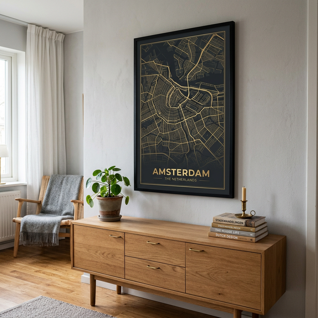 A framed Amsterdam city map poster hanging in a cozy living room — created with MapPoster